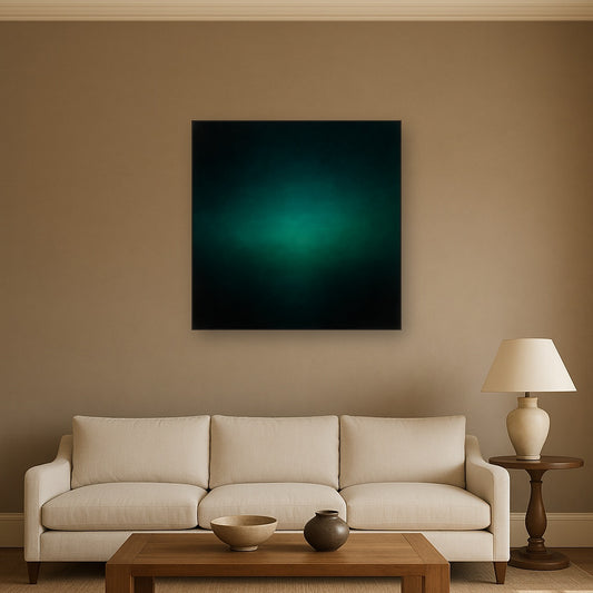Midnight Teal & Deep Malachite Gradient No. 13 Oil Painting Staged Above Sectional Sofa in Living Room, Hand Painted Canvas Wall Art for Home Decor