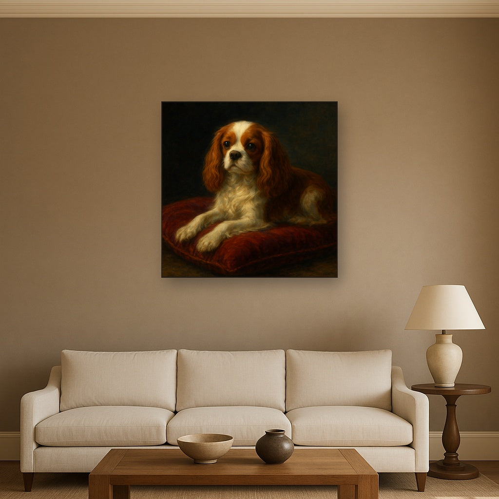 Cavalier King Charles Spaniel on Velvet Cushion No. 9 Fine Art Oil Painting - View 2