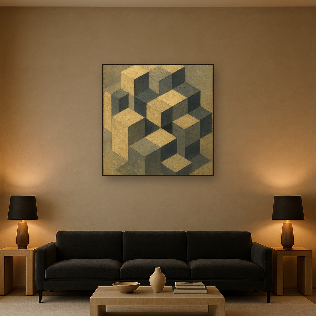 Isometric Modernist Cube Abstraction No. 3 Oil Painting - Styled in Modern Living Room