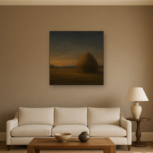 Dusk Horizon over Weathered Haystack No. 3 Oil Painting Staged Above Sectional Sofa in Living Room, Hand Painted Canvas Wall Art for Home Decor