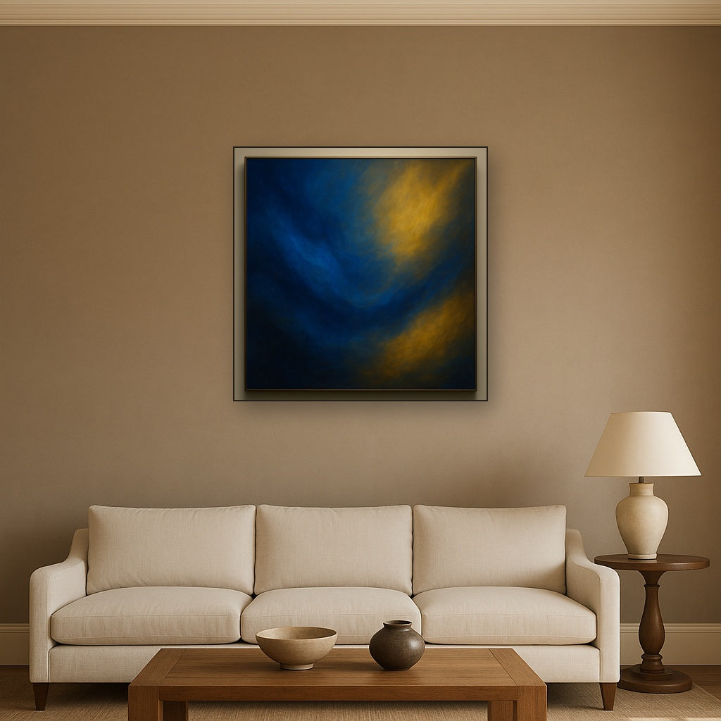 Lapis Lazuli & Golden Ochre Luminous Field No. 2 Oil Painting Staged Above Sectional Sofa in Living Room, Hand Painted Canvas Wall Art for Home Decor