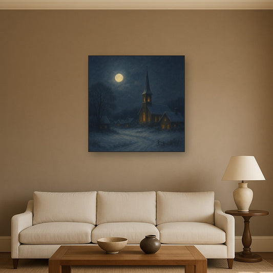 Moonlight Over Snowy Village Steeple No. 6 Oil Painting Staged Above Sectional Sofa in Living Room, Hand Painted Canvas Wall Art for Home Decor