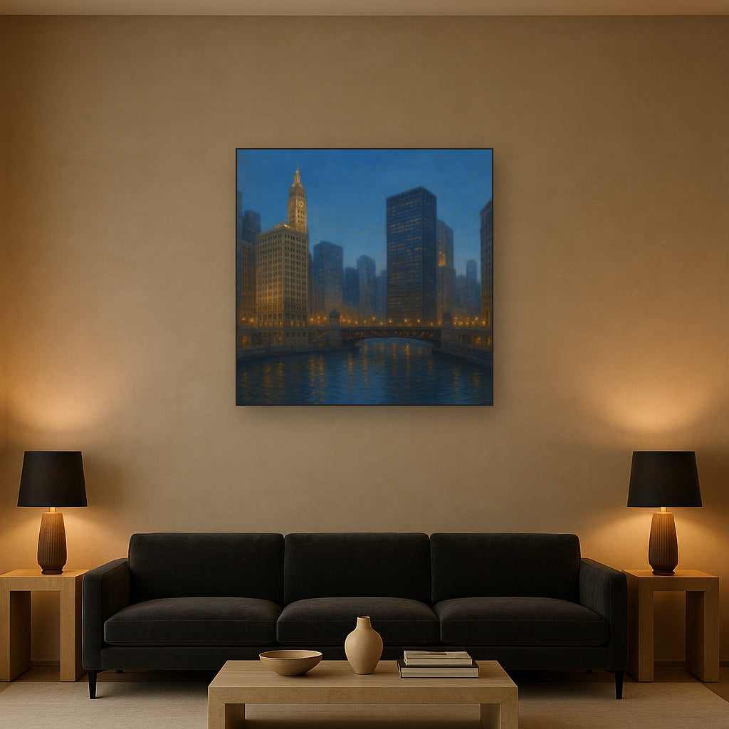 Chicago Riverfront Architecture at Blue Hour No. 30 Oil Painting - View 2