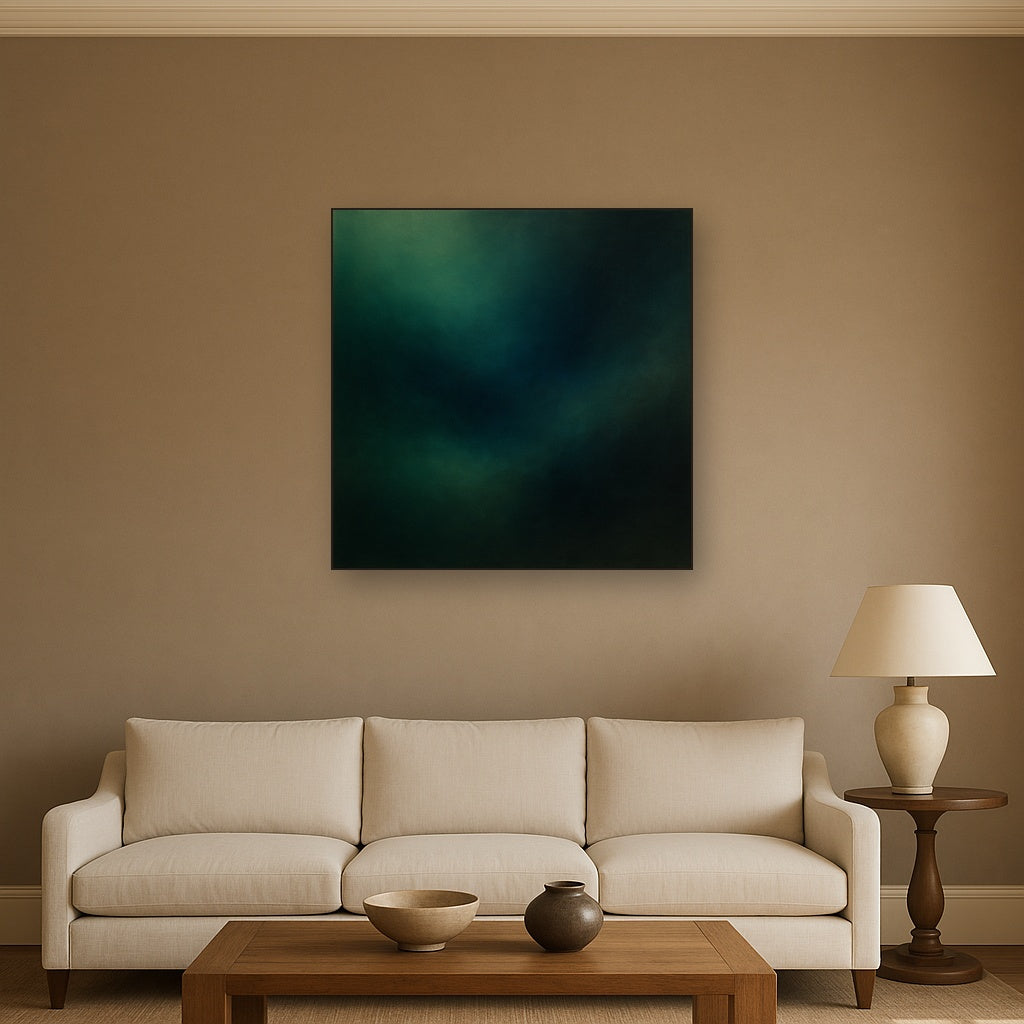 Emerald & Midnight Sapphire Sfumato Immersion No. 11 Oil Painting Staged Above Sectional Sofa in Living Room, Hand Painted Canvas Wall Art for Home Decor