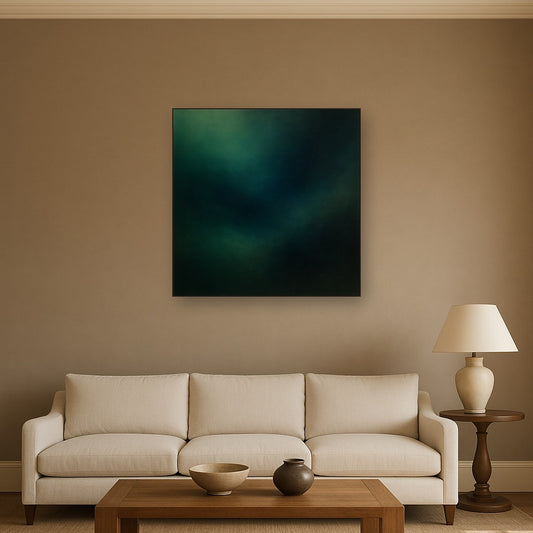 Emerald & Midnight Sapphire Sfumato Immersion No. 11 Oil Painting Staged Above Sectional Sofa in Living Room, Hand Painted Canvas Wall Art for Home Decor