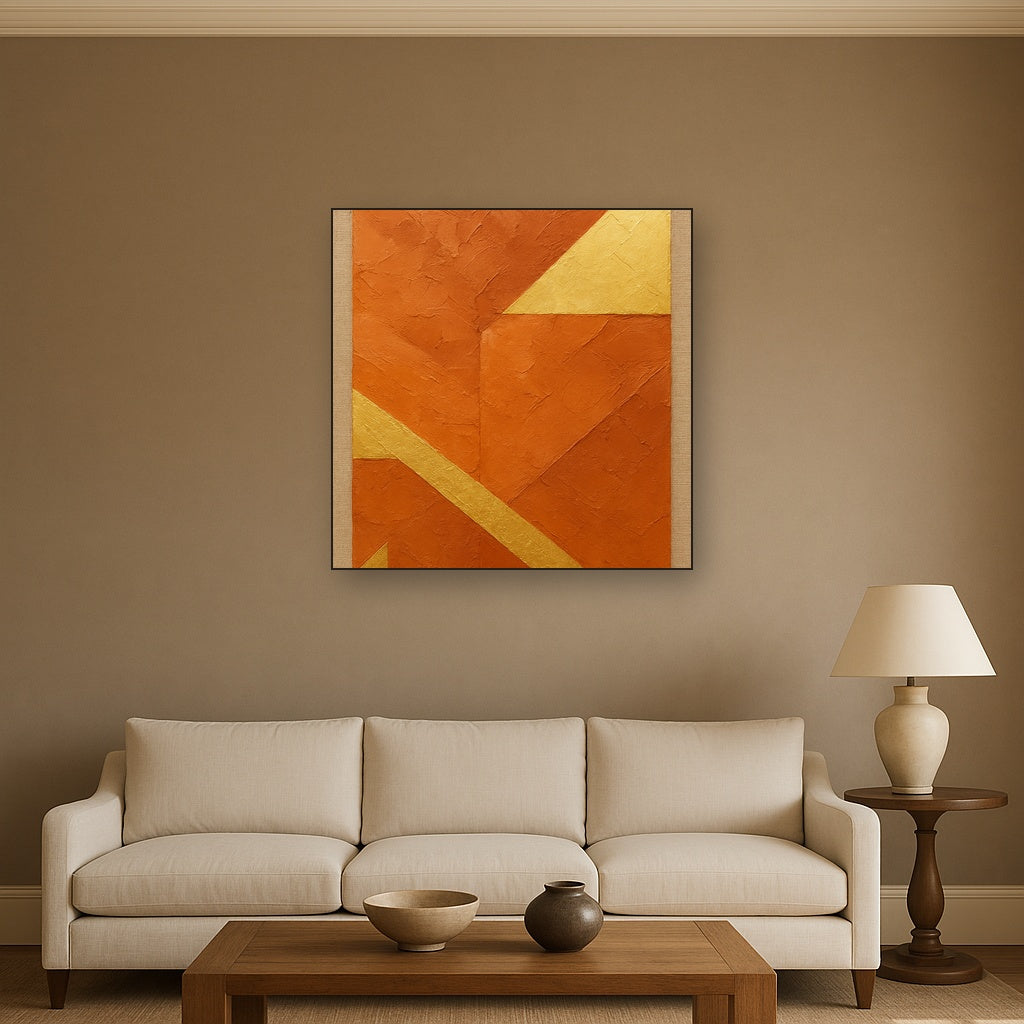 Terracotta & Gilded Leaf Modern Luxury Oil Painting - Styled in Modern Living Room