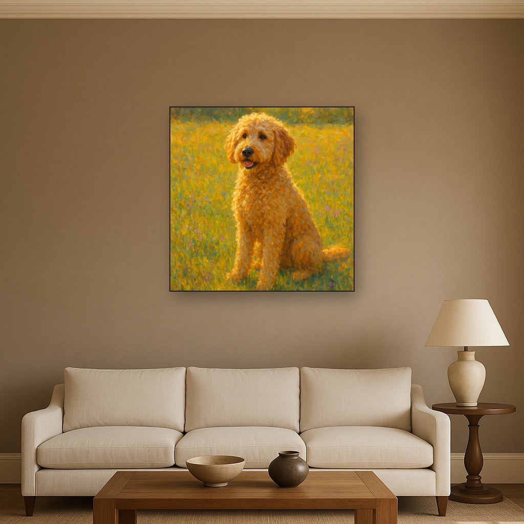 Fluffy Goldendoodle in Sun-Drenched Meadow No. 11 Fine Art Oil Painting - View 2