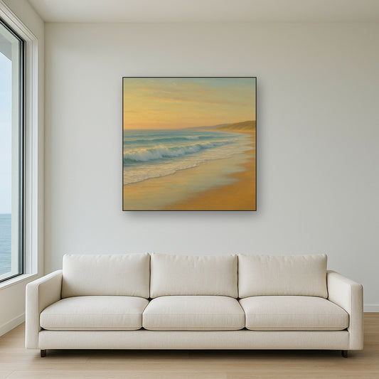 Gentle Breaking Waves & Wet Beach Reflection No. 19 Oil Painting Staged Above Sectional Sofa in Living Room, Hand Painted Canvas Wall Art for Home Decor