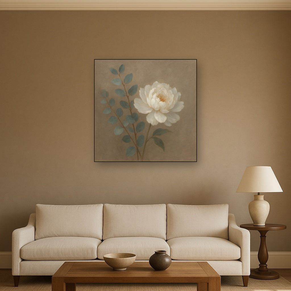 Eucalyptus & White Peony Minimalist Flora No. 11 Fine Art Oil Painting - View 2