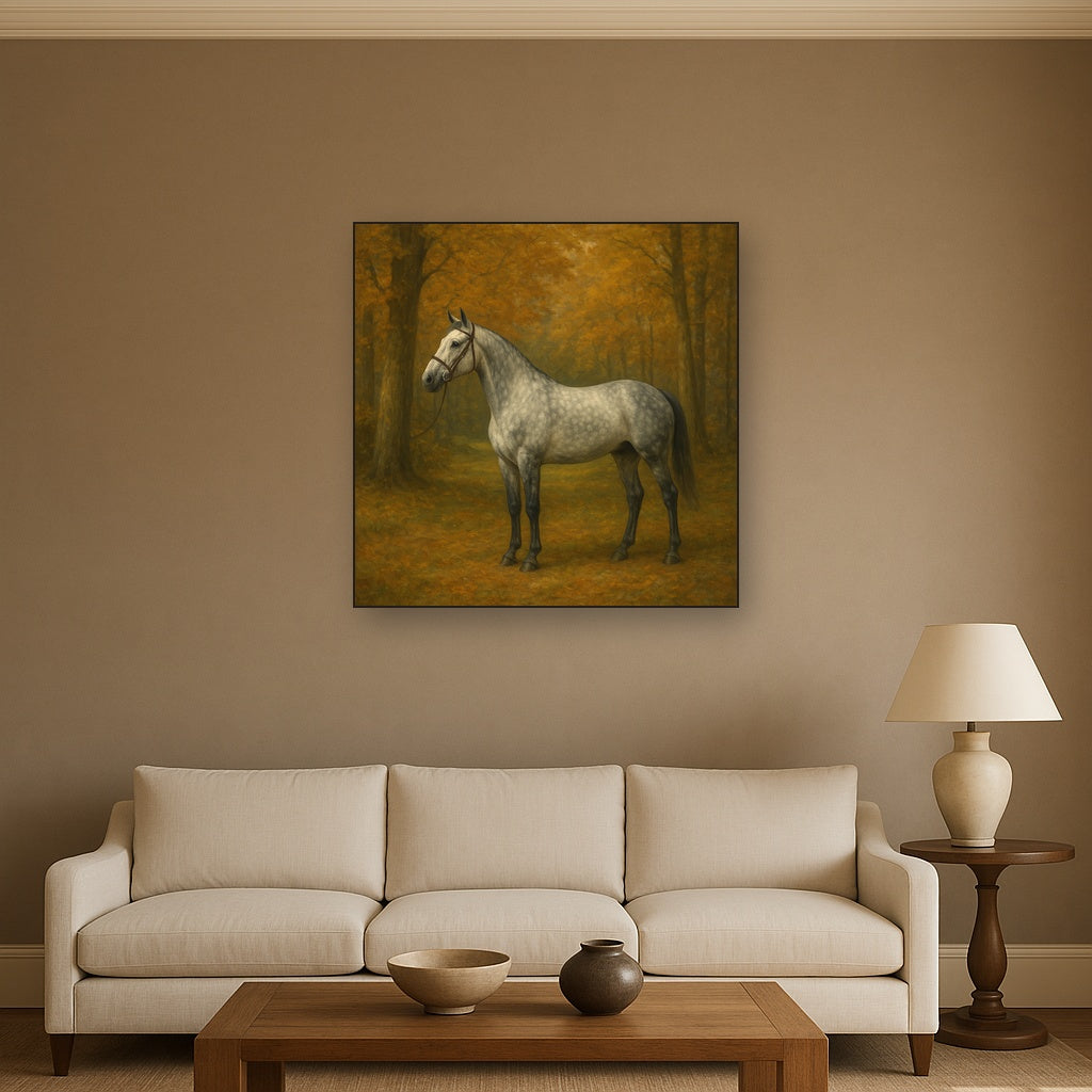 Dappled Grey Hunter in Autumn Woodland No. 7 Oil Painting Staged Above Sectional Sofa in Living Room, Hand Painted Canvas Wall Art for Home Decor