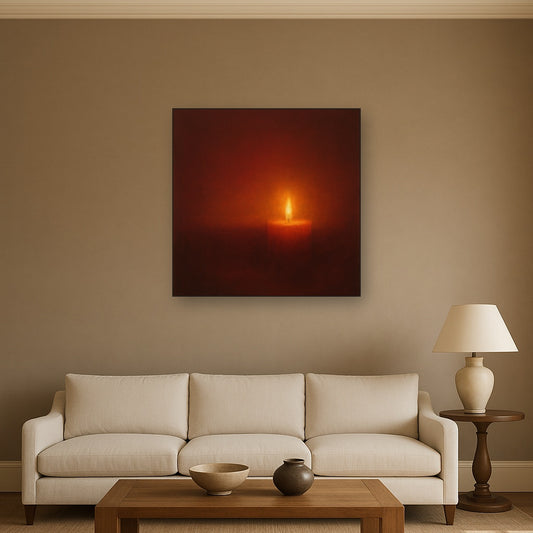 Deep Garnet & Amber Candlelight Horizon No. 16 Oil Painting Staged Above Sectional Sofa in Living Room, Hand Painted Canvas Wall Art for Home Decor