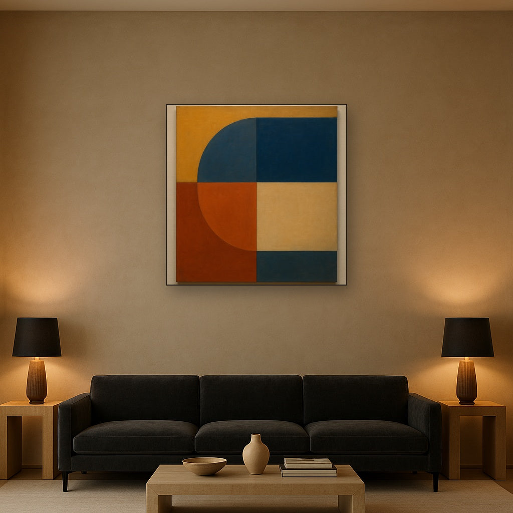 Bauhaus Quadrant Harmony in Primary Earth Tones No. 20 Oil Painting Staged Above Sectional Sofa in Living Room, Hand Painted Canvas Wall Art for Home Decor
