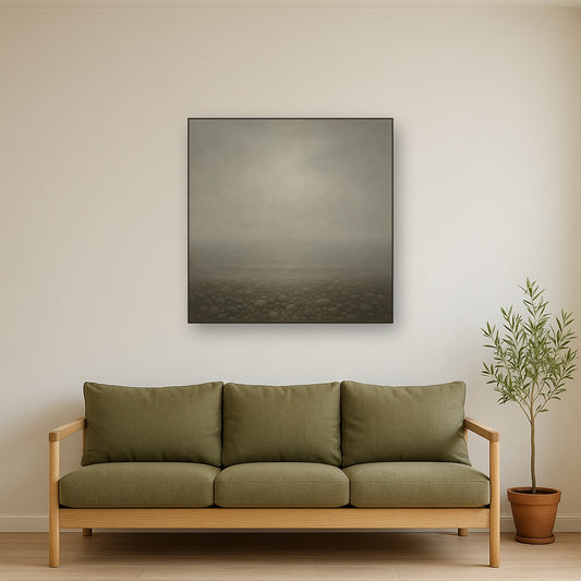 Overcast Coastal Fog & Wet Pebble Shingle No. 13 Oil Painting Staged Above Sectional Sofa in Living Room, Hand Painted Canvas Wall Art for Home Decor