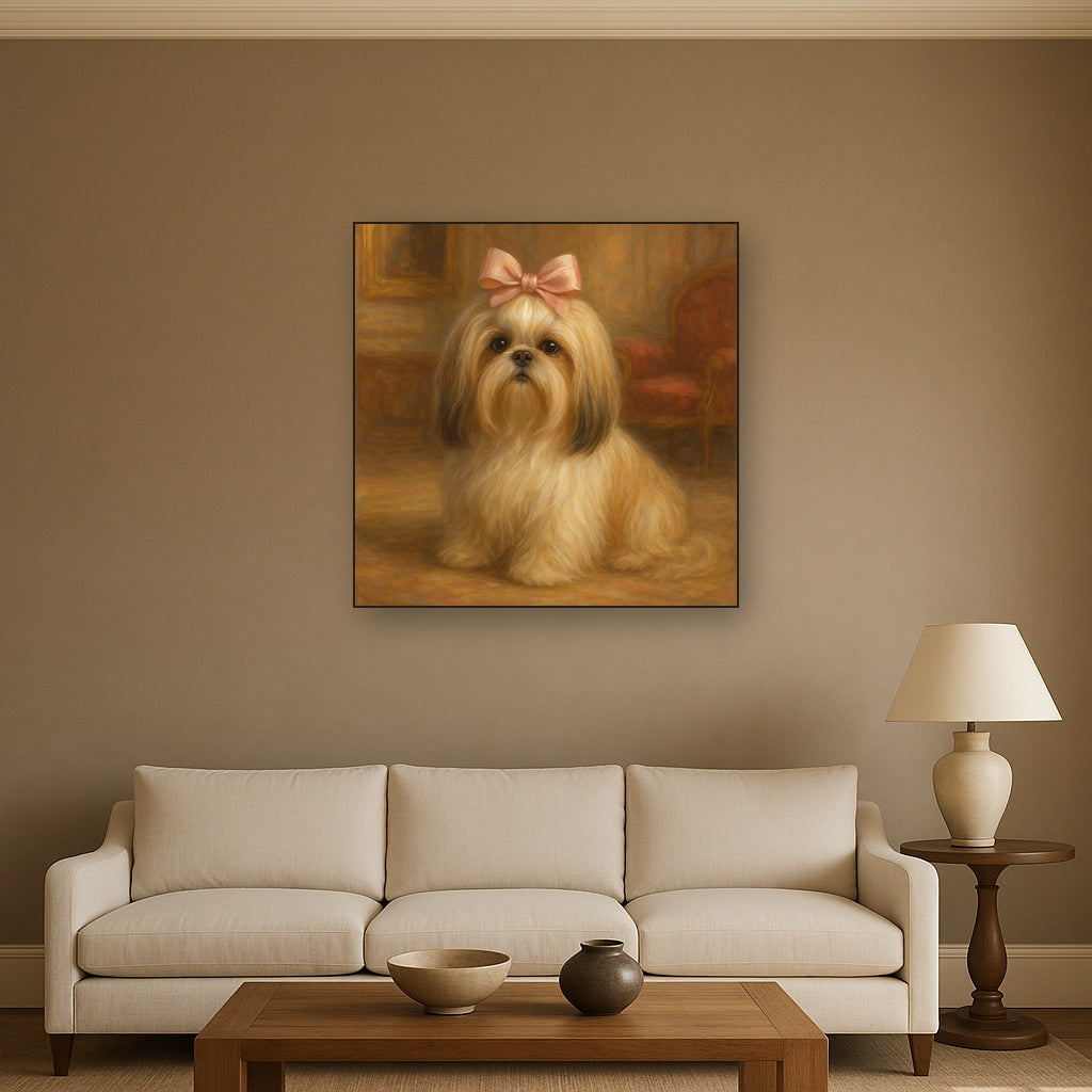 Sweet Shih Tzu with Silk Bow in Parlor Fine Art Oil Painting - View 2