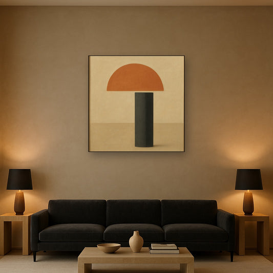 Semicircle Horizon & Minimalist Pillar No. 8 Oil Painting Staged Above Sectional Sofa in Living Room, Hand Painted Canvas Wall Art for Home Decor