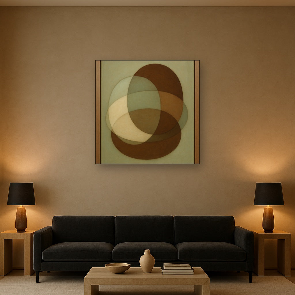 Floating Ellipse Harmony in Walnut & Pale Sage No. 19 Oil Painting Staged Above Sectional Sofa in Living Room, Hand Painted Canvas Wall Art for Home Decor