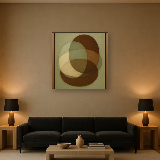Floating Ellipse Harmony in Walnut & Pale Sage No. 19 Oil Painting Staged Above Sectional Sofa in Living Room, Hand Painted Canvas Wall Art for Home Decor