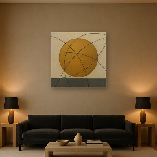 Abstract Tangent Lines & Earthy Ochre Disc No. 12 Oil Painting Staged Above Sectional Sofa in Living Room, Hand Painted Canvas Wall Art for Home Decor