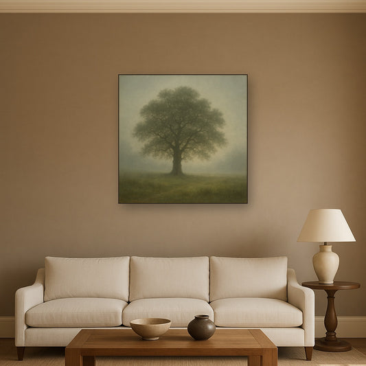 Ancient Solitary Oak in Morning Fog No. 4 Oil Painting - View 2