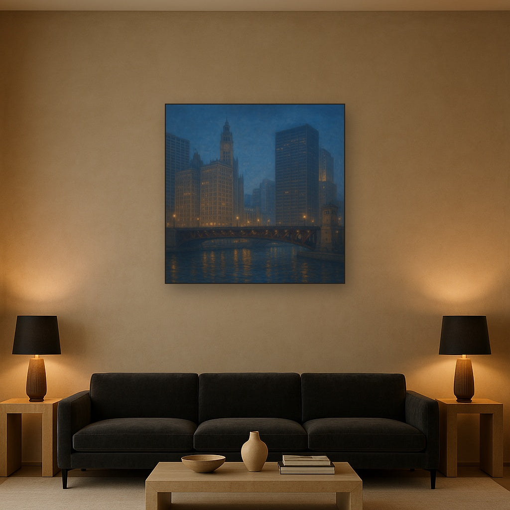 Chicago Riverfront Architecture at Blue Hour No. 18 Oil Painting - View 2