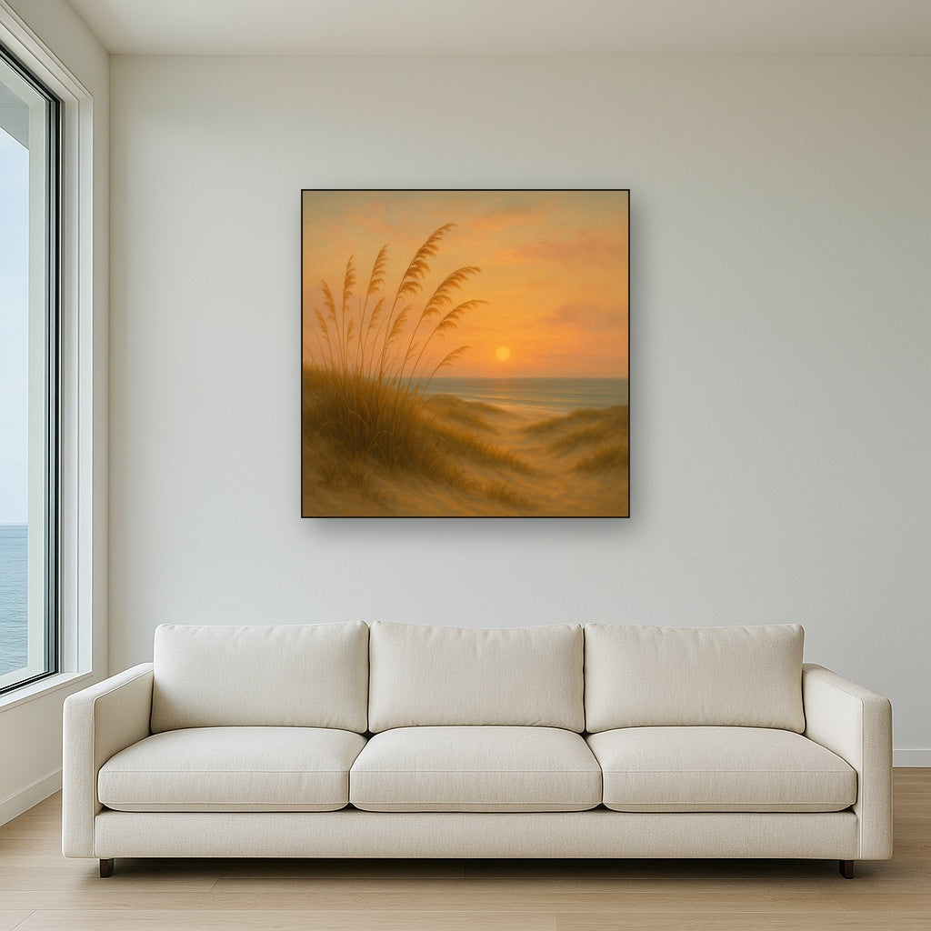 Sea Oats on Rolling Coastal Dunes at Sunset No. 11 Oil Painting Staged Above Sectional Sofa in Living Room, Hand Painted Canvas Wall Art for Home Decor