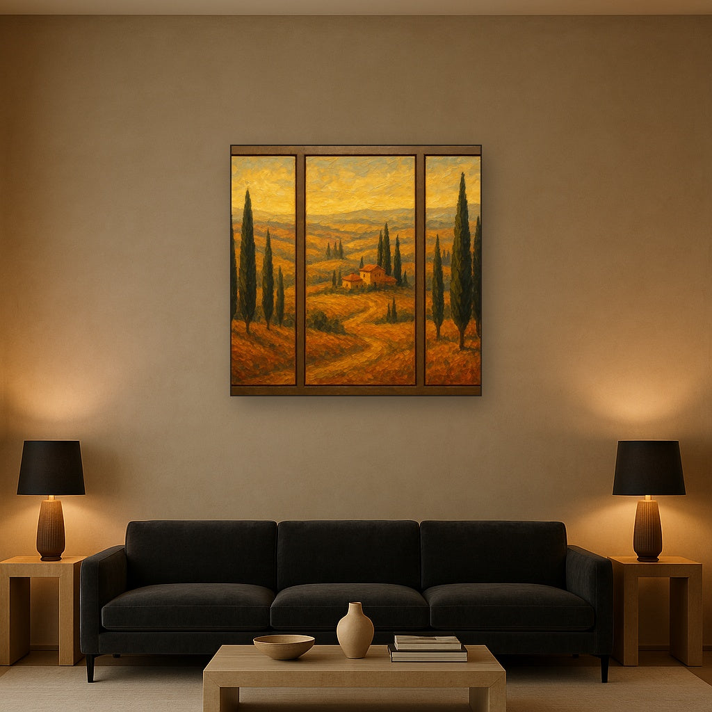 Tuscan Cypress Panorama Triptych No. 2 Oil Painting - Styled in Modern Living Room