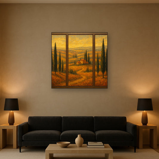 Tuscan Cypress Panorama Triptych No. 2 Oil Painting - Styled in Modern Living Room