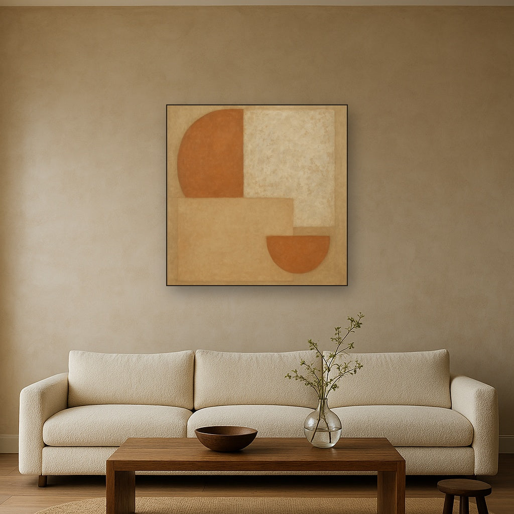 Earthy Terracotta & Weathered Plaster Wash No. 18 Oil Painting Staged Above Sectional Sofa in Living Room, Hand Painted Canvas Wall Art for Home Decor