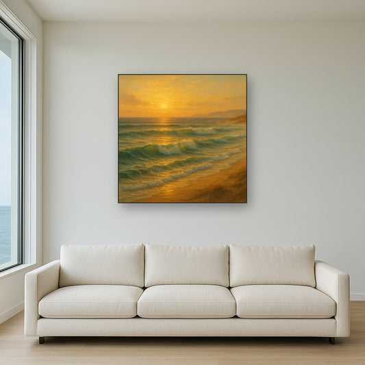 Golden Hour Sunlight on Ocean Swells No. 2 Oil Painting Staged Above Sectional Sofa in Living Room, Hand Painted Canvas Wall Art for Home Decor