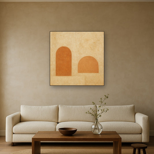 Earthy Terracotta & Weathered Plaster Wash No. 24 Oil Painting Staged Above Sectional Sofa in Living Room, Hand Painted Canvas Wall Art for Home Decor
