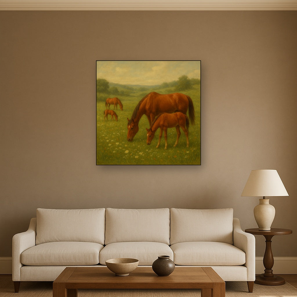 Mares & Foals Grazing in Rolling Meadow No. 19 Oil Painting Staged Above Sectional Sofa in Living Room, Hand Painted Canvas Wall Art for Home Decor