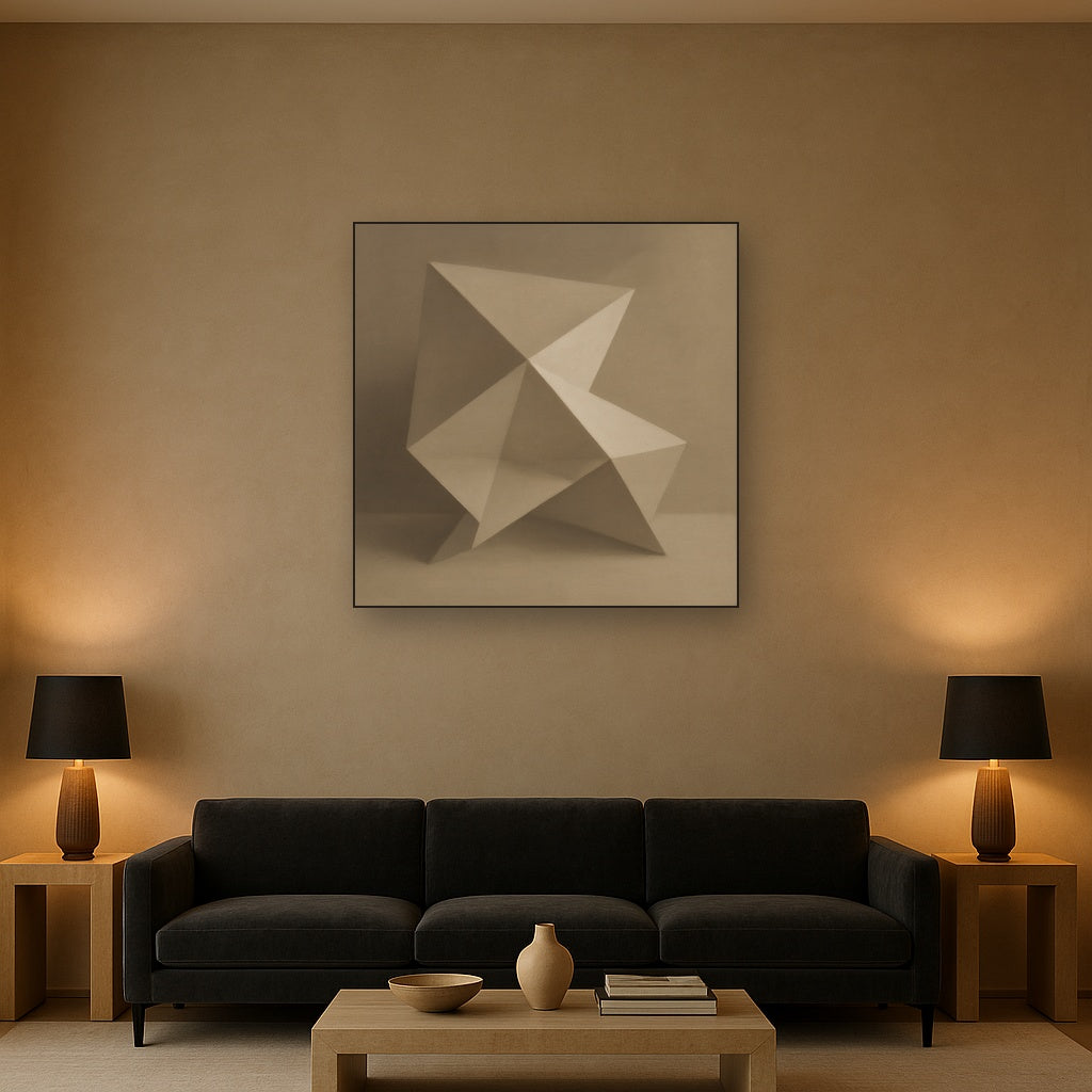 Folded Paper Geometry in Neutral Gradient Shadows No. 22 Oil Painting Staged Above Sectional Sofa in Living Room, Hand Painted Canvas Wall Art for Home Decor