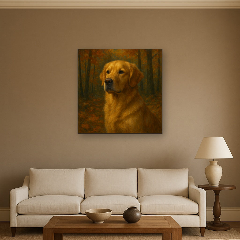 Noble Golden Retriever in Autumn Woods Fine Art Oil Painting - View 2