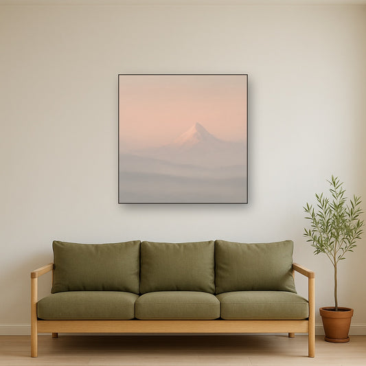 Pale Alpenglow over Distant Glacial Peak No. 20 Oil Painting Staged Above Sectional Sofa in Living Room, Hand Painted Canvas Wall Art for Home Decor