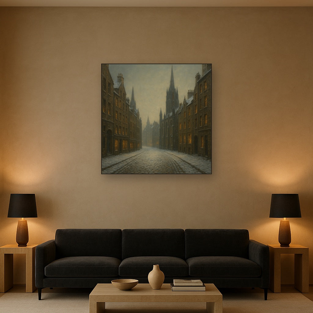 Edinburgh Old Town Royal Mile in Snow No. 14 Oil Painting Staged Above Sectional Sofa in Living Room, Hand Painted Canvas Wall Art for Home Decor