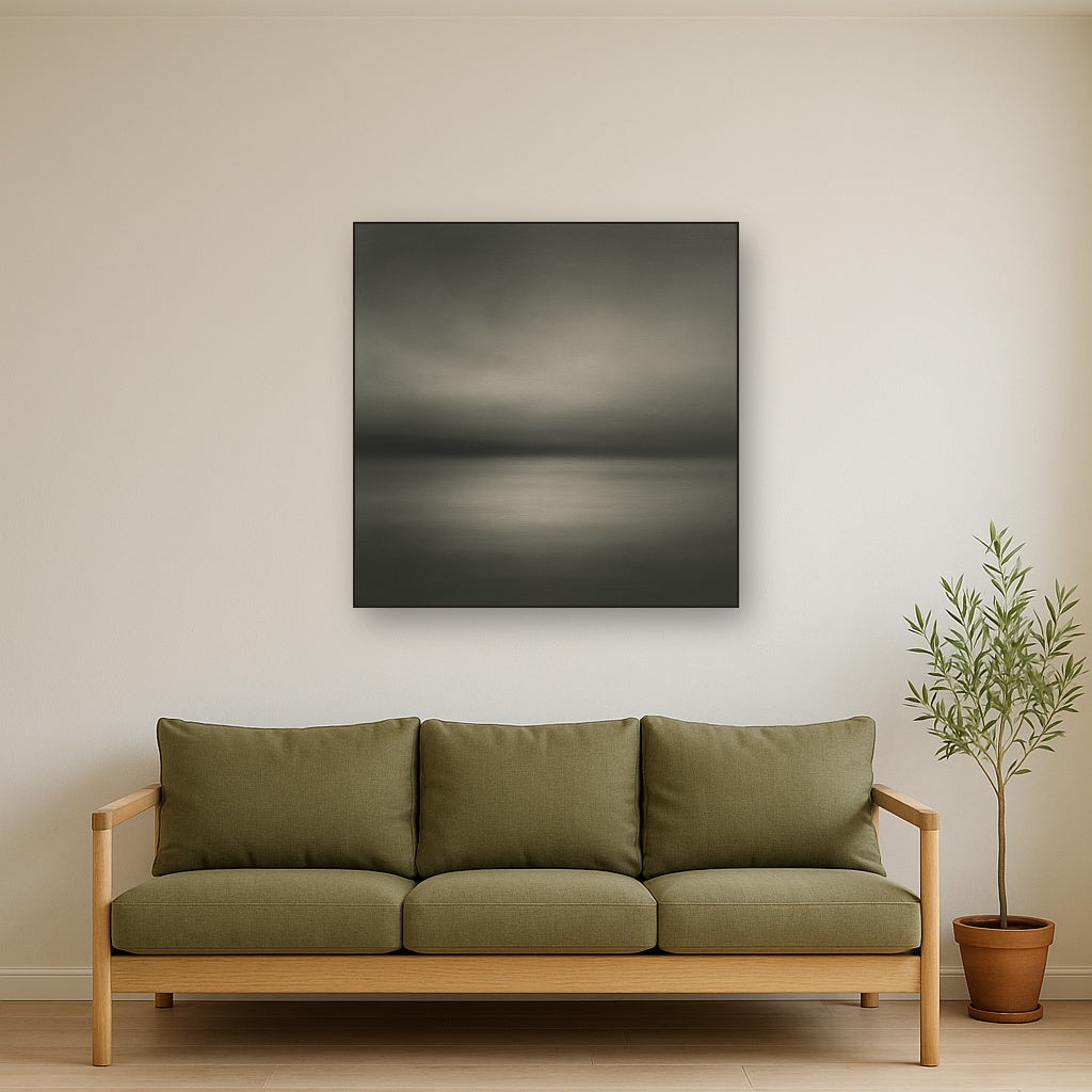 Monochrome Charcoal Drift & Soft Sfumato Horizon No. 5 Oil Painting Staged Above Sectional Sofa in Living Room, Hand Painted Canvas Wall Art for Home Decor
