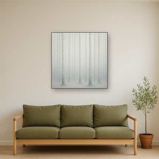 Pale Birch Woodland Silhouette in Whiteout No. 6 Oil Painting - View 2