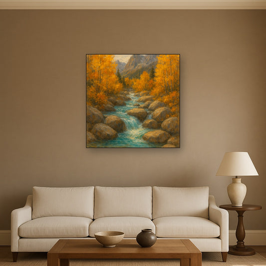 Glacial Stream in Autumn Landscape Oil Painting - Styled in Modern Living Room