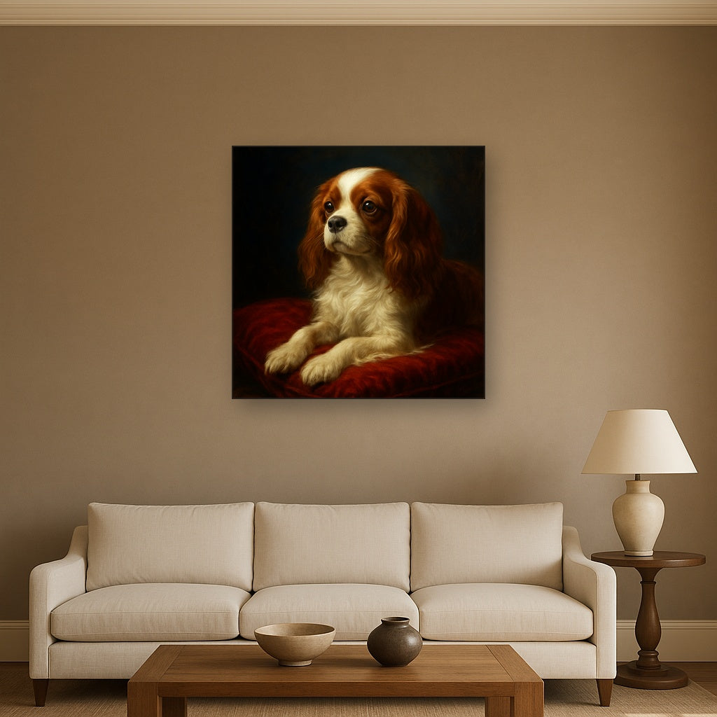 Cavalier King Charles Spaniel on Velvet Cushion Fine Art Oil Painting - View 2