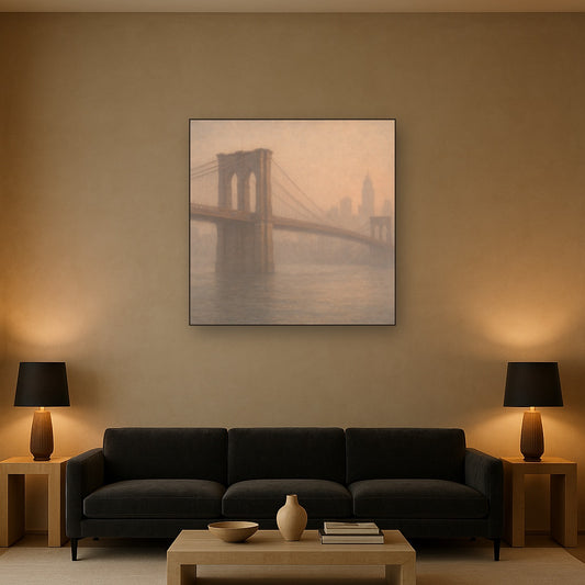 Brooklyn Bridge in Morning River Mist No. 3 Oil Painting Staged Above Sectional Sofa in Living Room, Hand Painted Canvas Wall Art for Home Decor