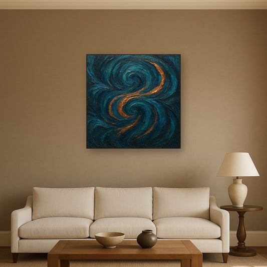 Peacock Teal & Liquid Copper Swirl No. 5 Oil Painting - Styled in Modern Living Room