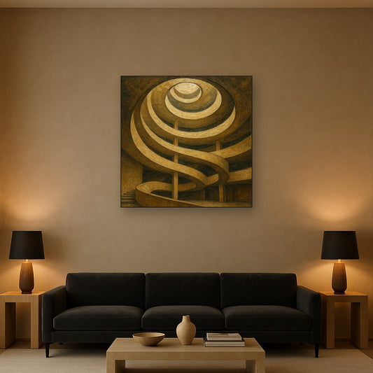 Travertine Spiral Atrium Perspective Oil Painting - Styled in Modern Living Room