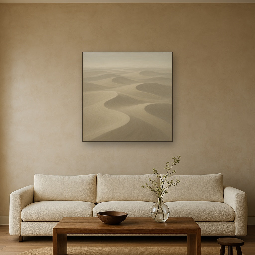 Monochrome Sand Dune Contours & Pale Slate No. 20 Oil Painting Staged Above Sectional Sofa in Living Room, Hand Painted Canvas Wall Art for Home Decor