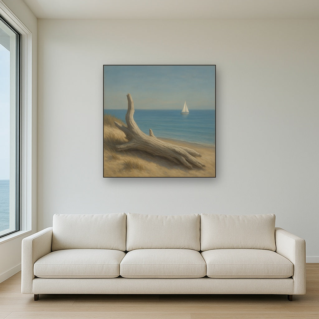 Sun-Bleached Driftwood & Distant Sailboat No. 8 Oil Painting - View 2