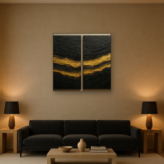 Basalt & Gold Mineral Diptych No. 3 Oil Painting - Styled in Modern Living Room