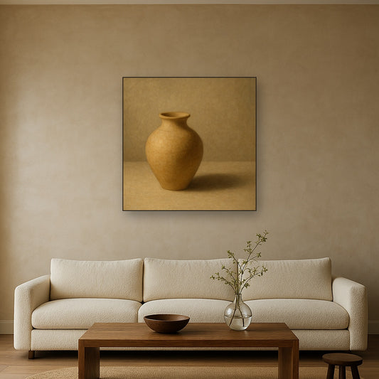 Organic Clay Vessel & Solitary Shadow No. 26 Oil Painting Staged Above Sectional Sofa in Living Room, Hand Painted Canvas Wall Art for Home Decor