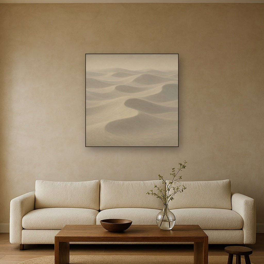 Monochrome Sand Dune Contours & Pale Slate No. 5 Oil Painting Staged Above Sectional Sofa in Living Room, Hand Painted Canvas Wall Art for Home Decor