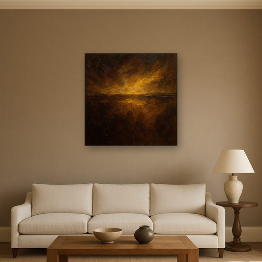 Espresso Velvet & Gilded Horizon Oil Painting - Styled in Modern Living Room