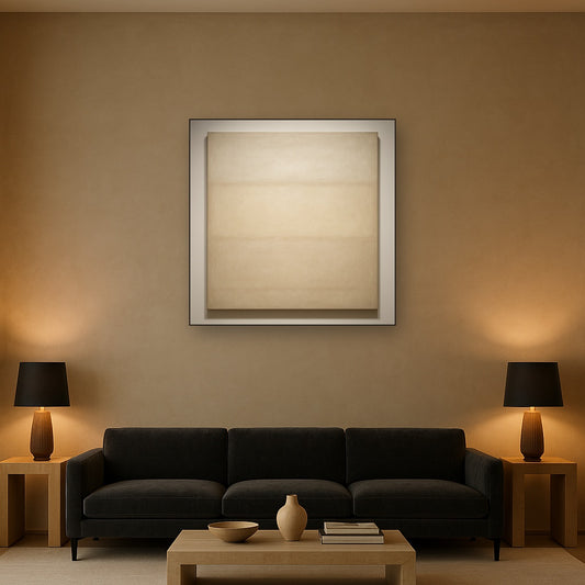 Oatmeal White & Pale Alabaster Monochrome Study No. 28 Oil Painting Staged Above Sectional Sofa in Living Room, Hand Painted Canvas Wall Art for Home Decor