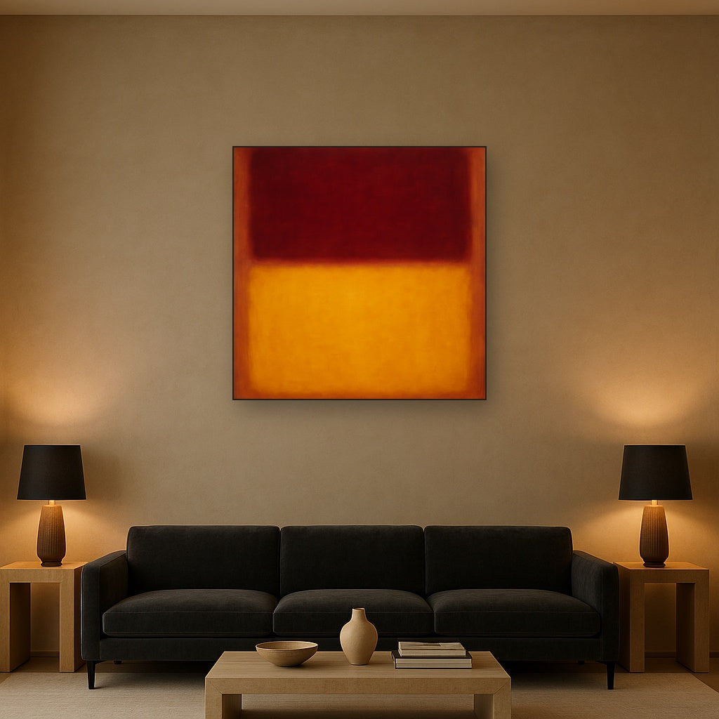 Crimson Burgundy & Saffron Gold Color Vibrations No. 11 Oil Painting Staged Above Sectional Sofa in Living Room, Hand Painted Canvas Wall Art for Home Decor
